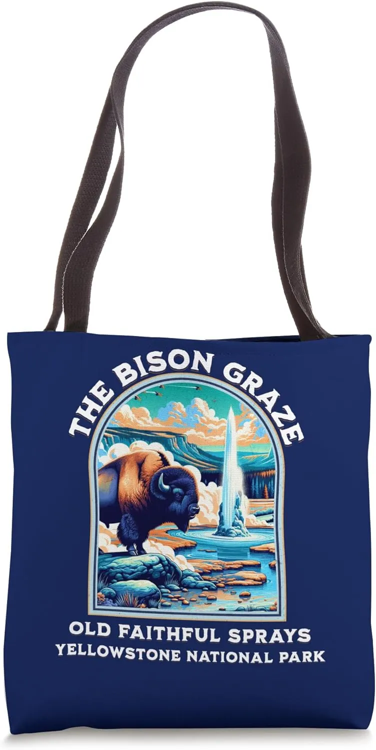 Yellowstone National Park Old Faithful Geyser Bison Funny Tote Bag