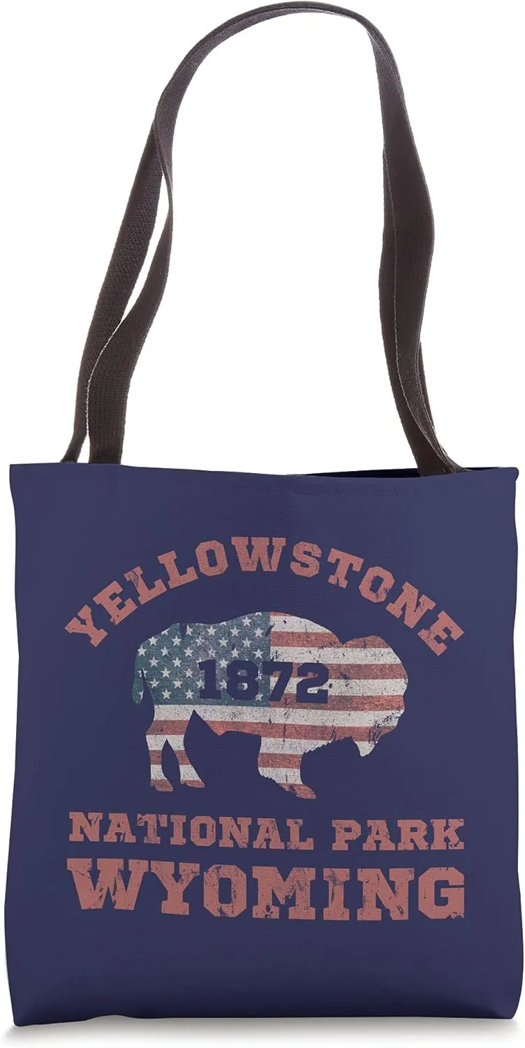 Yellowstone Wyoming National Park Buffalo USA Flag Vintage Tote Bag