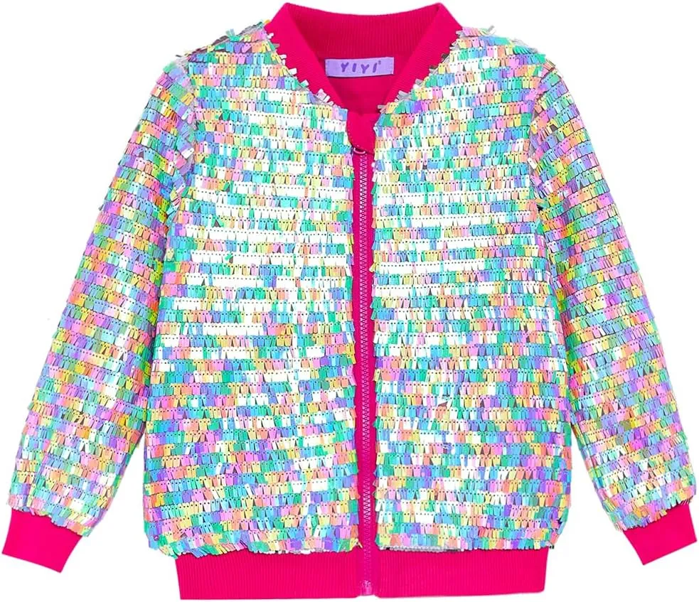 YIYI Girls Jackets Sequin Bomber Glitter Sparkly Varsity Kids Shiny Trendy Birthday Party Clothes Halloween Christmas