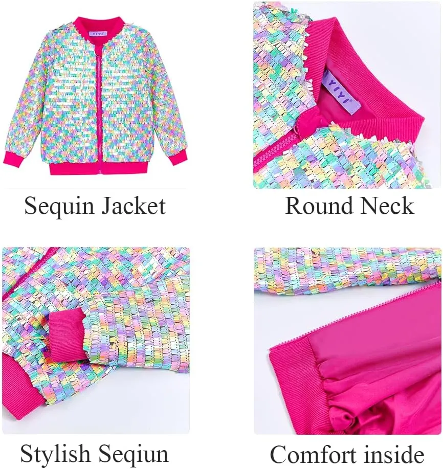 YIYI Girls Jackets Sequin Bomber Glitter Sparkly Varsity Kids Shiny Trendy Birthday Party Clothes Halloween Christmas