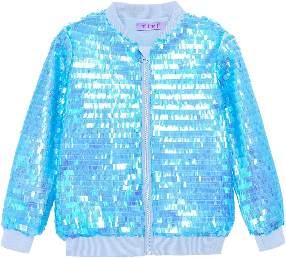YIYI Girls Jackets Sequin Bomber Glitter Sparkly Varsity Kids Shiny Trendy Birthday Party Clothes Halloween Christmas