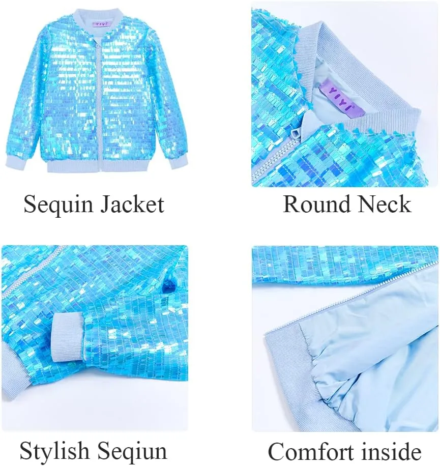 YIYI Girls Jackets Sequin Bomber Glitter Sparkly Varsity Kids Shiny Trendy Birthday Party Clothes Halloween Christmas