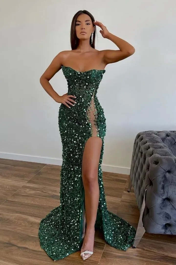 Ymuxin Sparkly Sequin Prom Dresses for Women Strapless Formal Dress with Slit Beaded Mermaid Evening Party Dress Long