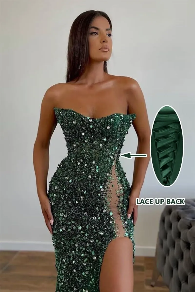 Ymuxin Sparkly Sequin Prom Dresses for Women Strapless Formal Dress with Slit Beaded Mermaid Evening Party Dress Long
