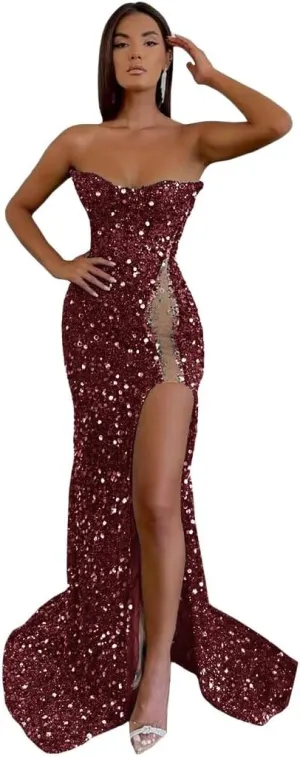 Ymuxin Sparkly Sequin Prom Dresses for Women Strapless Formal Dress with Slit Beaded Mermaid Evening Party Dress Long