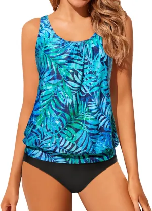 Yonique Women 2 Piece Blouson Tankini Swimsuits Tummy Control Bathing Suits Athletic Swimwear
