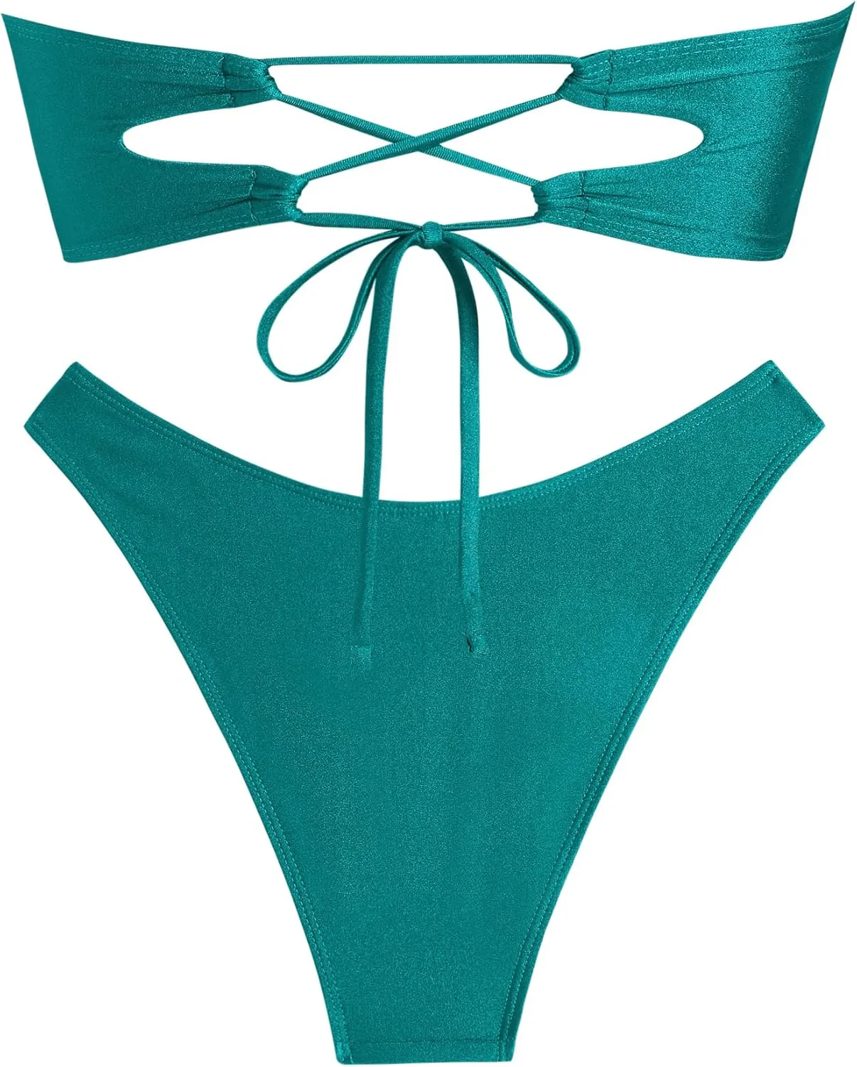 ZAFUL Womens Bandeau Bikini Set Metallic Sparkly O Ring Lace Up Tie Side High Cut Tanga Sexy Bathing Suit Swimwear