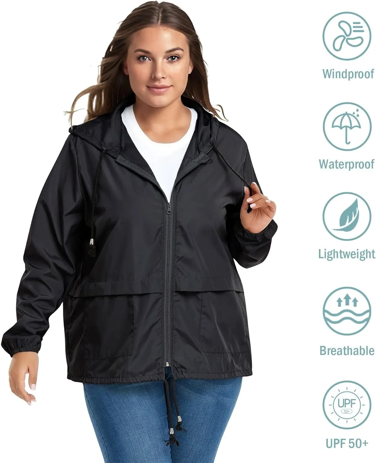 Zando Plus Size Rain Jacket Womens Waterproof with Hood Windbreaker Travel Rain Coat for Women Lightweight Packable Raincoat