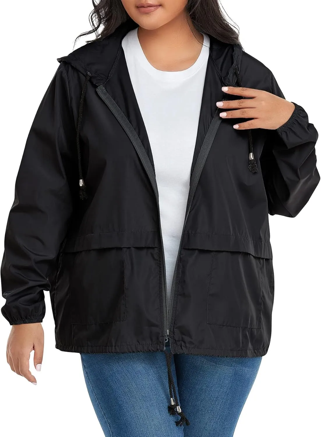 Zando Plus Size Rain Jacket Womens Waterproof with Hood Windbreaker Travel Rain Coat for Women Lightweight Packable Raincoat