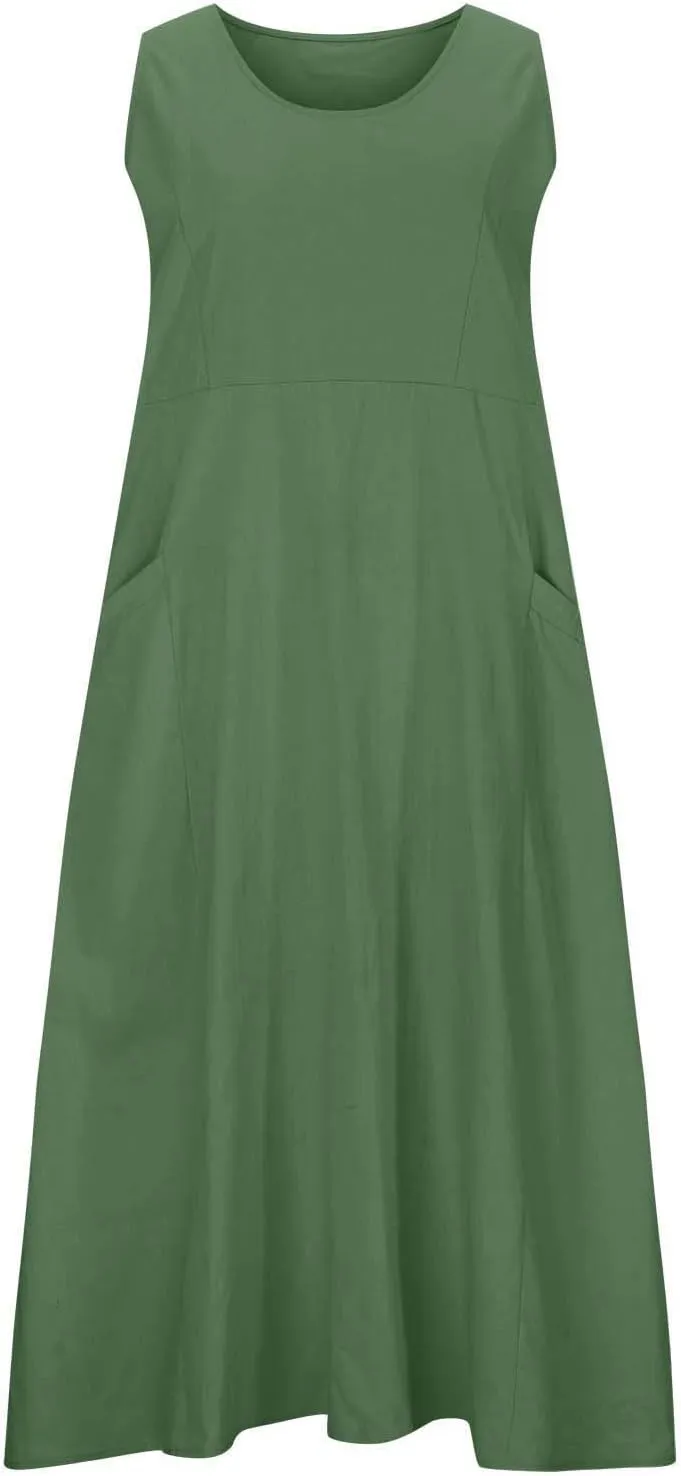 ZDRZK Western Dress for Women Sleeveless Tank Cotton Linen T-Shirts Dress Pocket Flowy Long Hawaiian Sundresses Trendy 2024