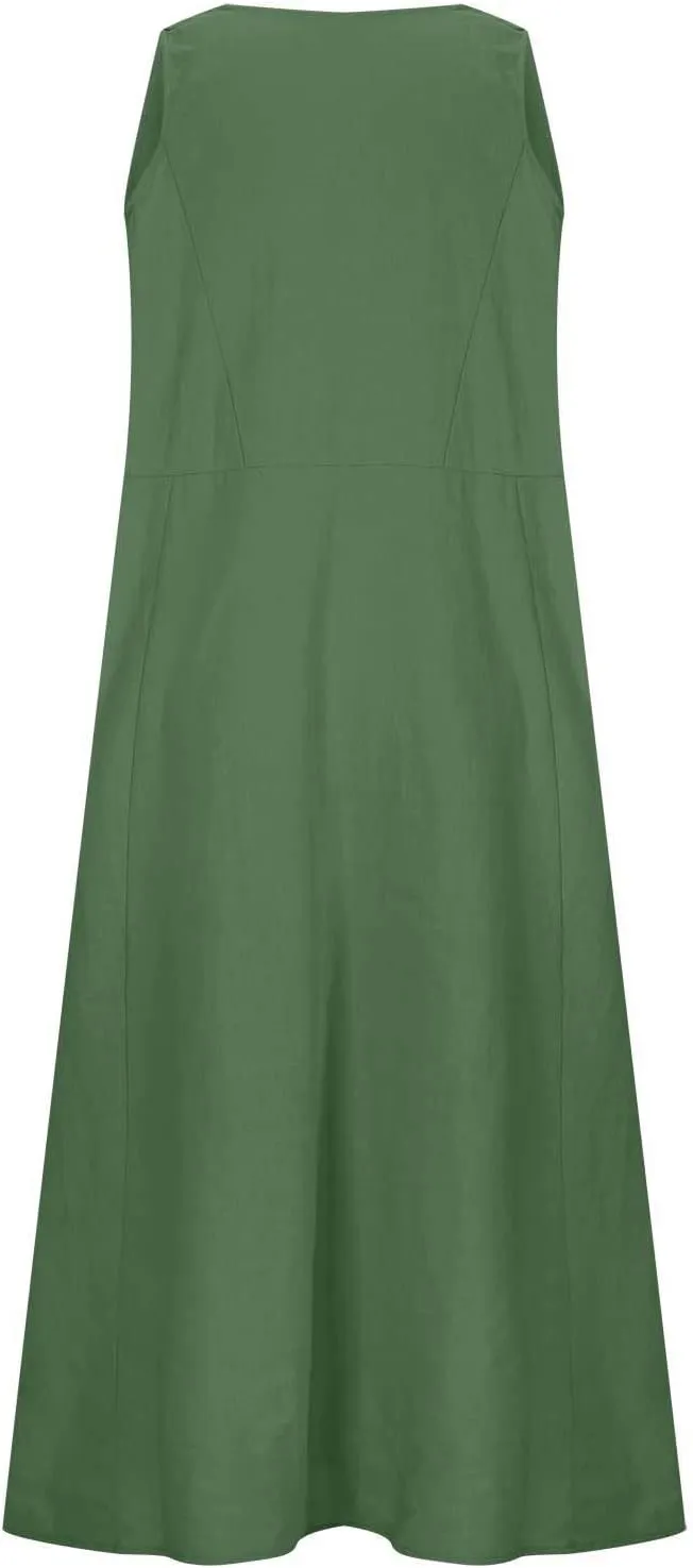 ZDRZK Western Dress for Women Sleeveless Tank Cotton Linen T-Shirts Dress Pocket Flowy Long Hawaiian Sundresses Trendy 2024