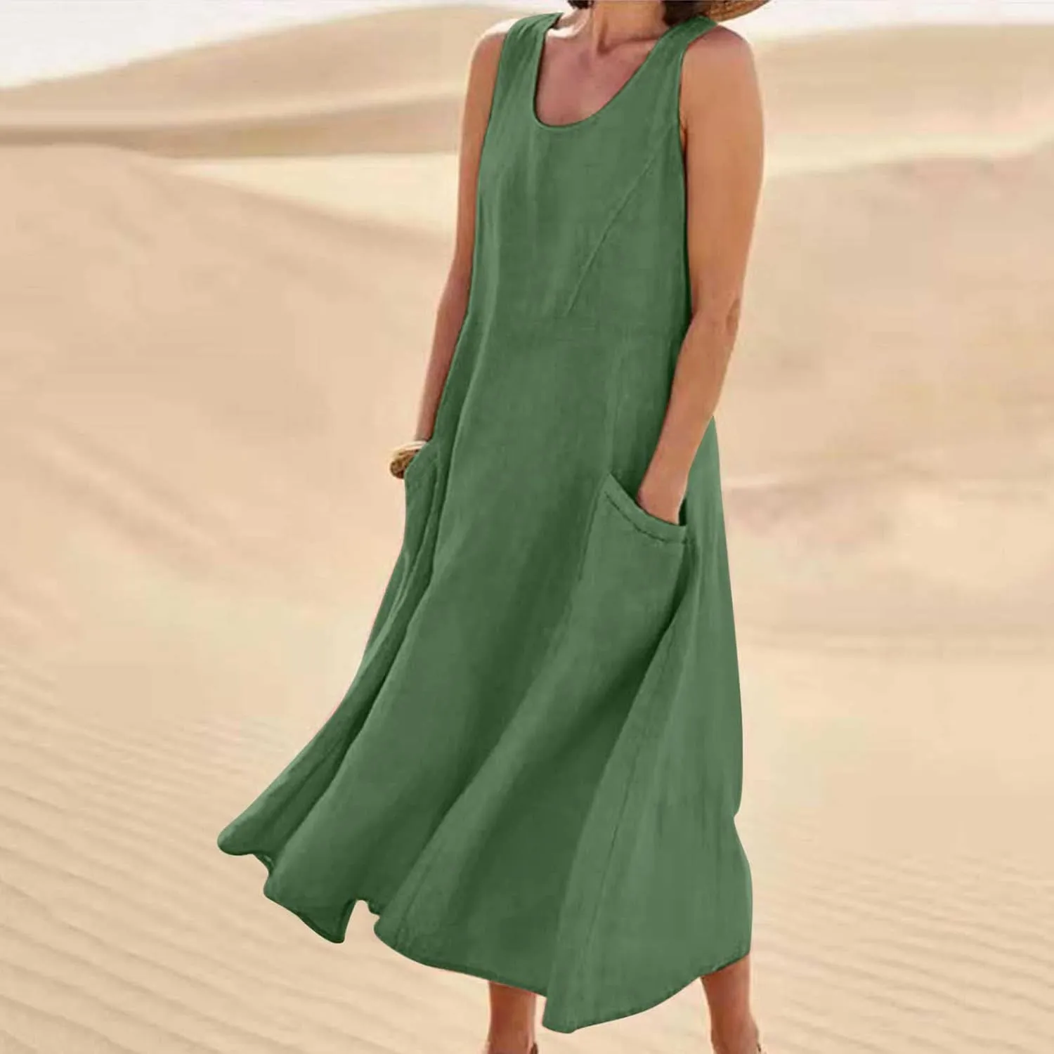 ZDRZK Western Dress for Women Sleeveless Tank Cotton Linen T-Shirts Dress Pocket Flowy Long Hawaiian Sundresses Trendy 2024