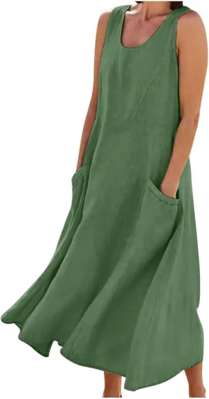ZDRZK Western Dress for Women Sleeveless Tank Cotton Linen T-Shirts Dress Pocket Flowy Long Hawaiian Sundresses Trendy 2024