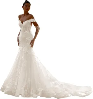 Zeeyecie Off Shoulder Tulle Wedding Dresses Mermaid Lace Applique V-Neck Sparkly Bridal Gowns with Train for Brides
