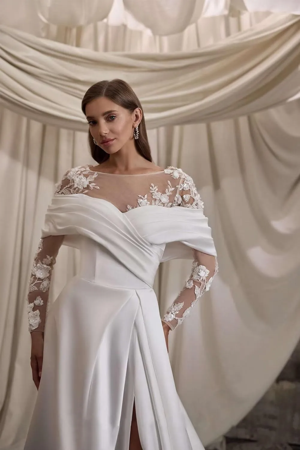 Zeeyecie Off The Shoulder Long Sleeve Satin Wedding Dresses A-Line Beaded Lace Applique Sparkly Bridal Gowns for Brides