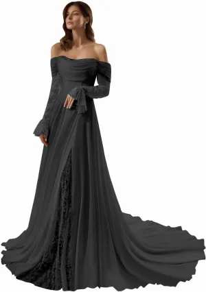 Zeeyecie Off The Shoulder Long Sleeve Satin Wedding Dresses A-Line Beaded Lace Applique Sparkly Bridal Gowns for Brides