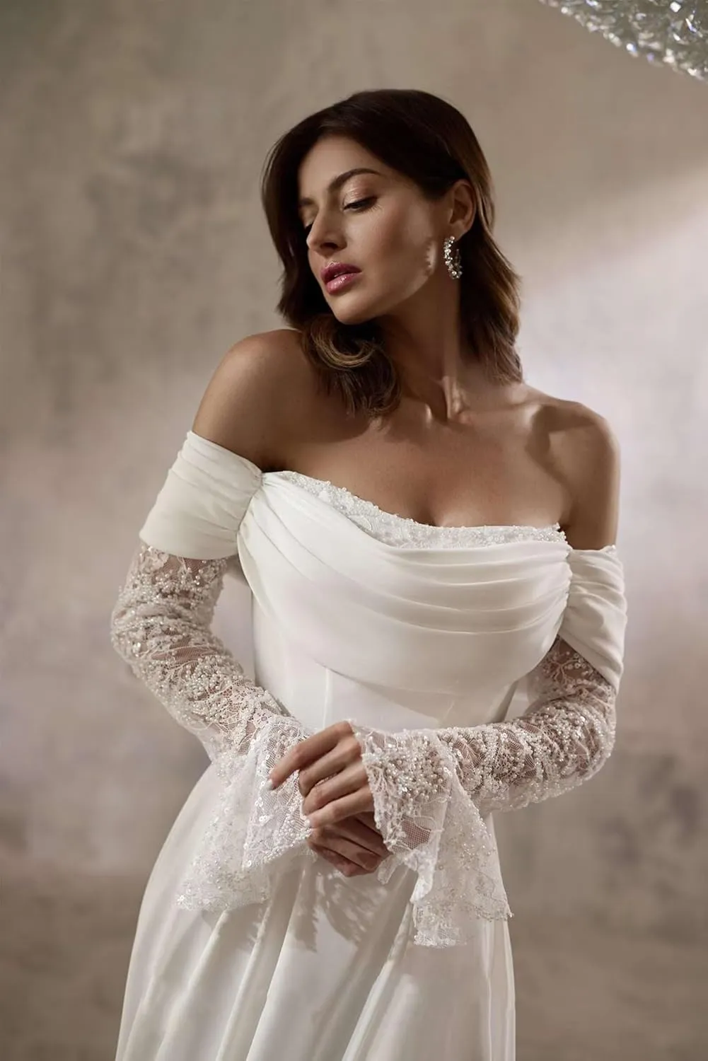 Zeeyecie Off The Shoulder Long Sleeve Satin Wedding Dresses A-Line Beaded Lace Applique Sparkly Bridal Gowns for Brides