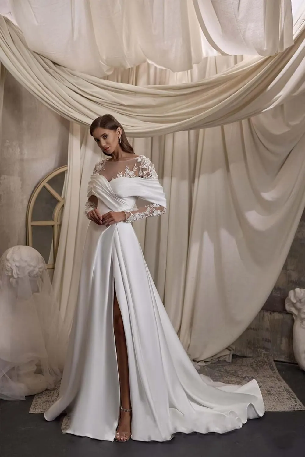 Zeeyecie Off The Shoulder Long Sleeve Satin Wedding Dresses A-Line Beaded Lace Applique Sparkly Bridal Gowns for Brides