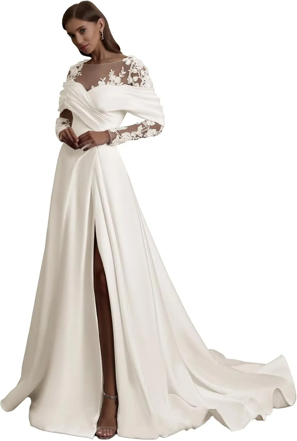 Zeeyecie Off The Shoulder Long Sleeve Satin Wedding Dresses A-Line Beaded Lace Applique Sparkly Bridal Gowns for Brides