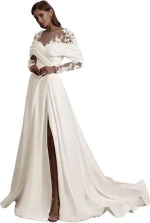Zeeyecie Off The Shoulder Long Sleeve Satin Wedding Dresses A-Line Beaded Lace Applique Sparkly Bridal Gowns for Brides