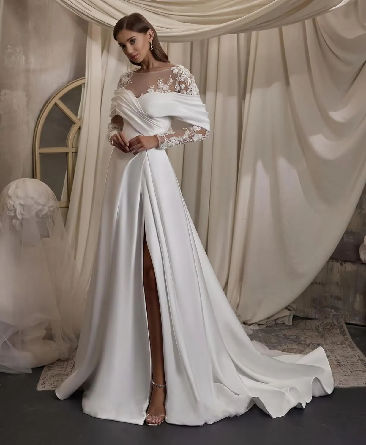 Zeeyecie Off The Shoulder Long Sleeve Satin Wedding Dresses A-Line Beaded Lace Applique Sparkly Bridal Gowns for Brides