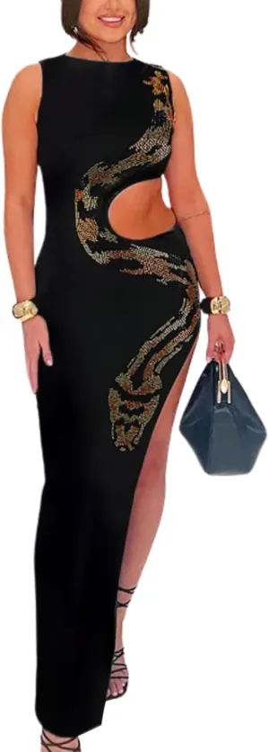 Zoctuo Women's Sexy Elegant Rhinestone Sheer Mesh Bodycon Dresses Party Club Night Outfit Hot Drilling Gowns
