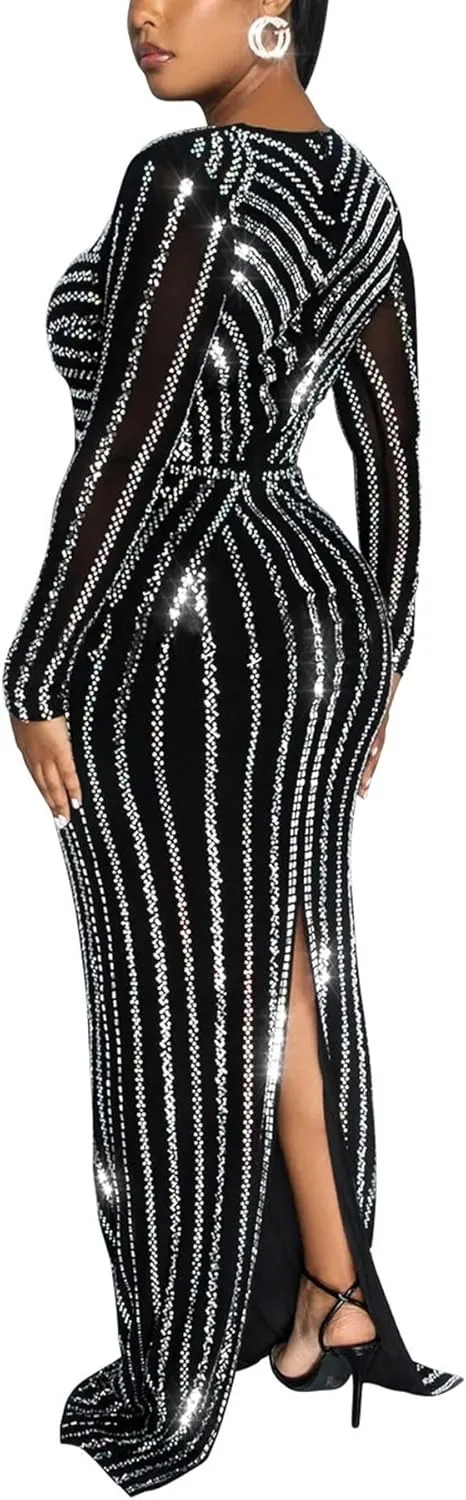 Zoctuo Women's Sexy Elegant Rhinestone Sheer Mesh Bodycon Dresses Party Club Night Outfit Hot Drilling Gowns