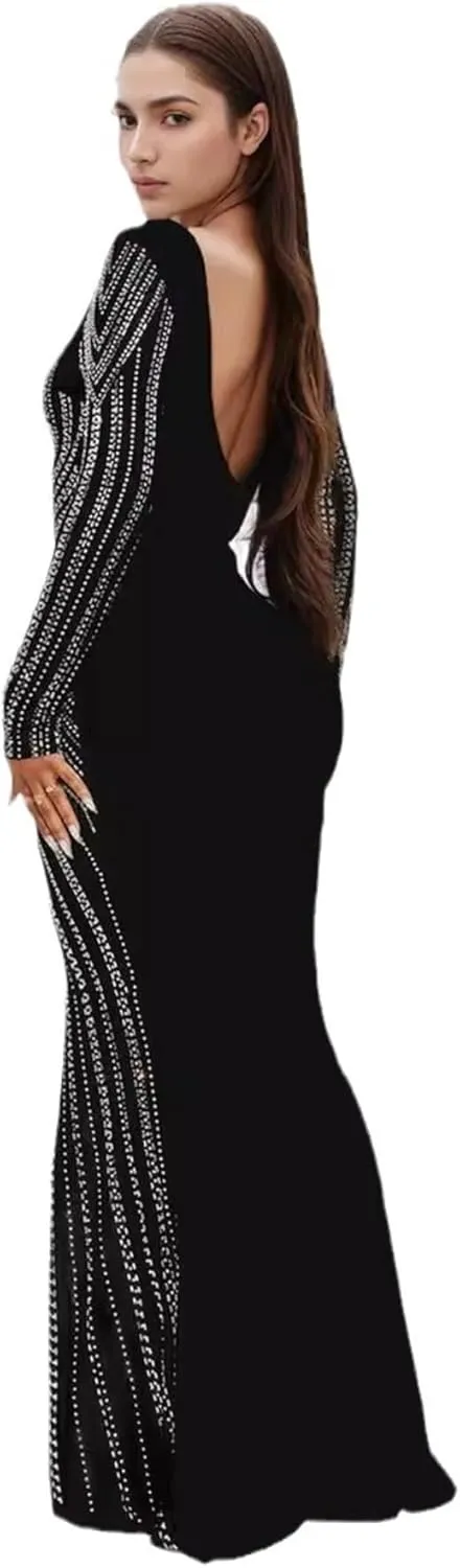 Zoctuo Women's Sexy Elegant Rhinestone Sheer Mesh Bodycon Dresses Party Club Night Outfit Hot Drilling Gowns