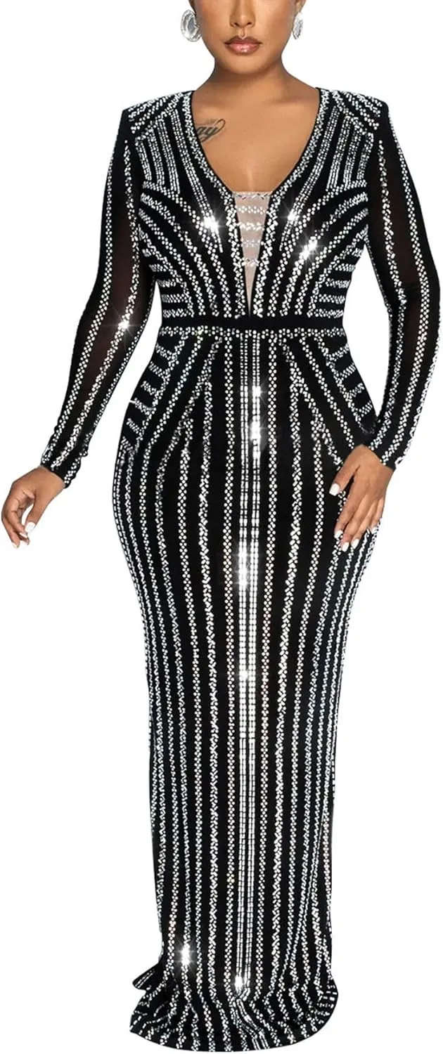 Zoctuo Women's Sexy Elegant Rhinestone Sheer Mesh Bodycon Dresses Party Club Night Outfit Hot Drilling Gowns