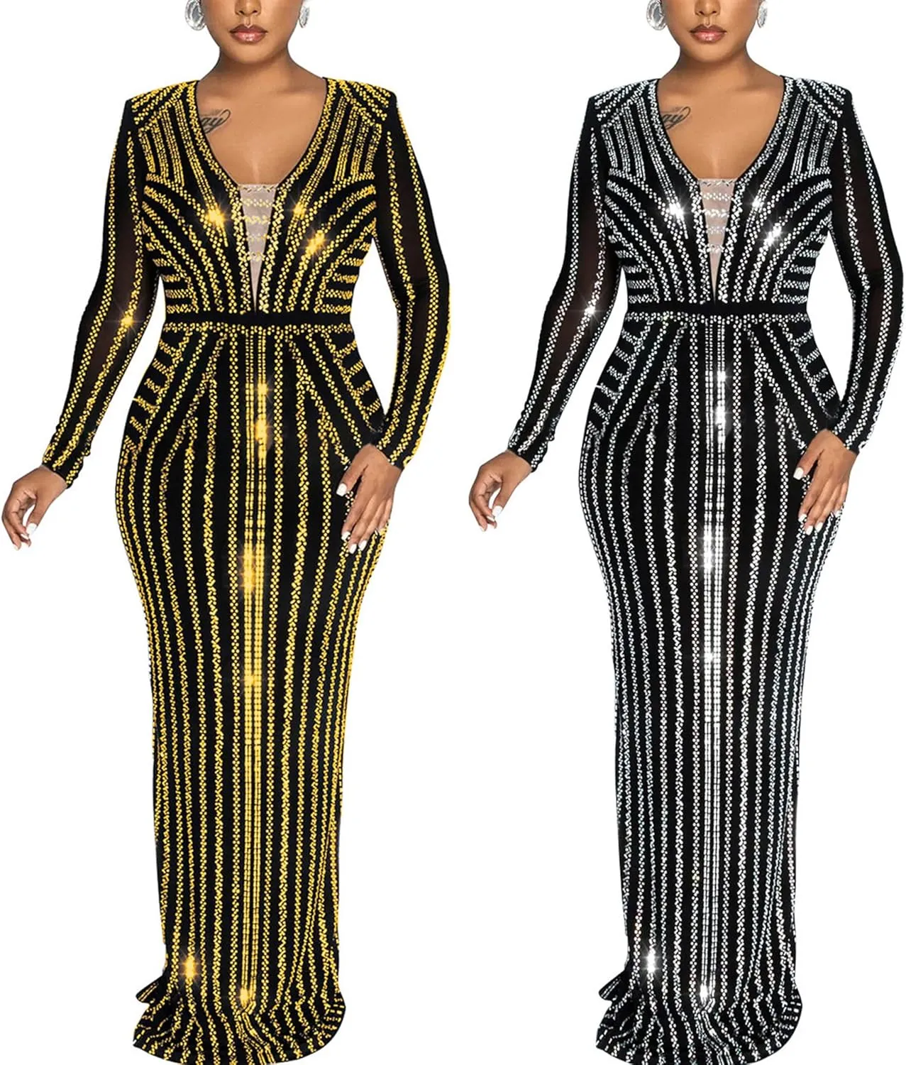 Zoctuo Women's Sexy Elegant Rhinestone Sheer Mesh Bodycon Dresses Party Club Night Outfit Hot Drilling Gowns