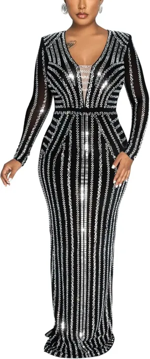 Zoctuo Women's Sexy Elegant Rhinestone Sheer Mesh Bodycon Dresses Party Club Night Outfit Hot Drilling Gowns