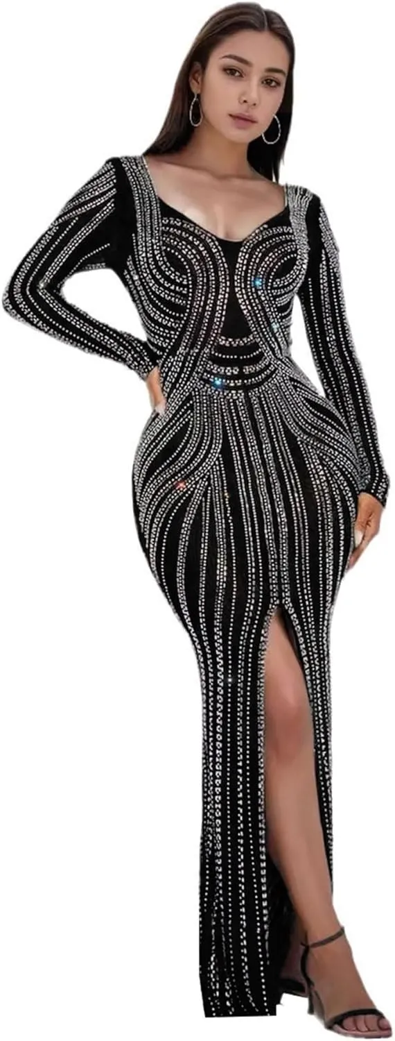 Zoctuo Women's Sexy Elegant Rhinestone Sheer Mesh Bodycon Dresses Party Club Night Outfit Hot Drilling Gowns