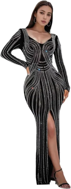 Zoctuo Women's Sexy Elegant Rhinestone Sheer Mesh Bodycon Dresses Party Club Night Outfit Hot Drilling Gowns