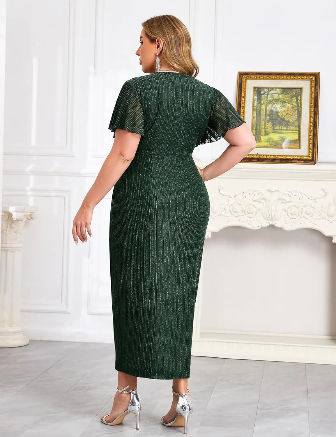 ZOMVA Plus Size Bodycon Formal Dress Sparkly V-Neck Wrap Midi Ruffle Sleeves Cocktail Prom Glitter Wedding Guest Dress