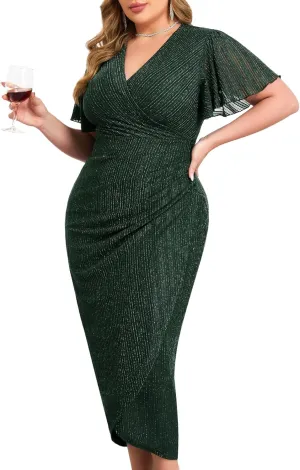 ZOMVA Plus Size Bodycon Formal Dress Sparkly V-Neck Wrap Midi Ruffle Sleeves Cocktail Prom Glitter Wedding Guest Dress