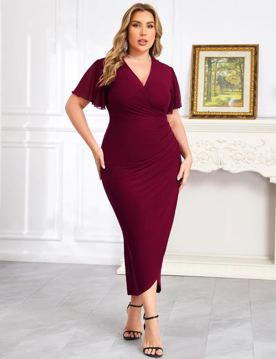 ZOMVA Plus Size Bodycon Formal Dress Sparkly V-Neck Wrap Midi Ruffle Sleeves Cocktail Prom Glitter Wedding Guest Dress
