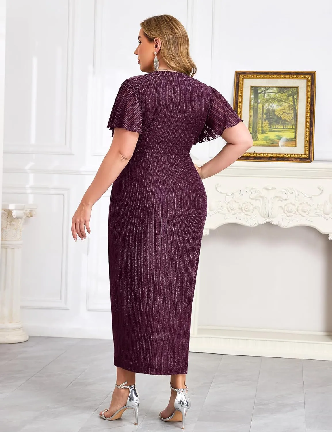 ZOMVA Plus Size Bodycon Formal Dress Sparkly V-Neck Wrap Midi Ruffle Sleeves Cocktail Prom Glitter Wedding Guest Dress