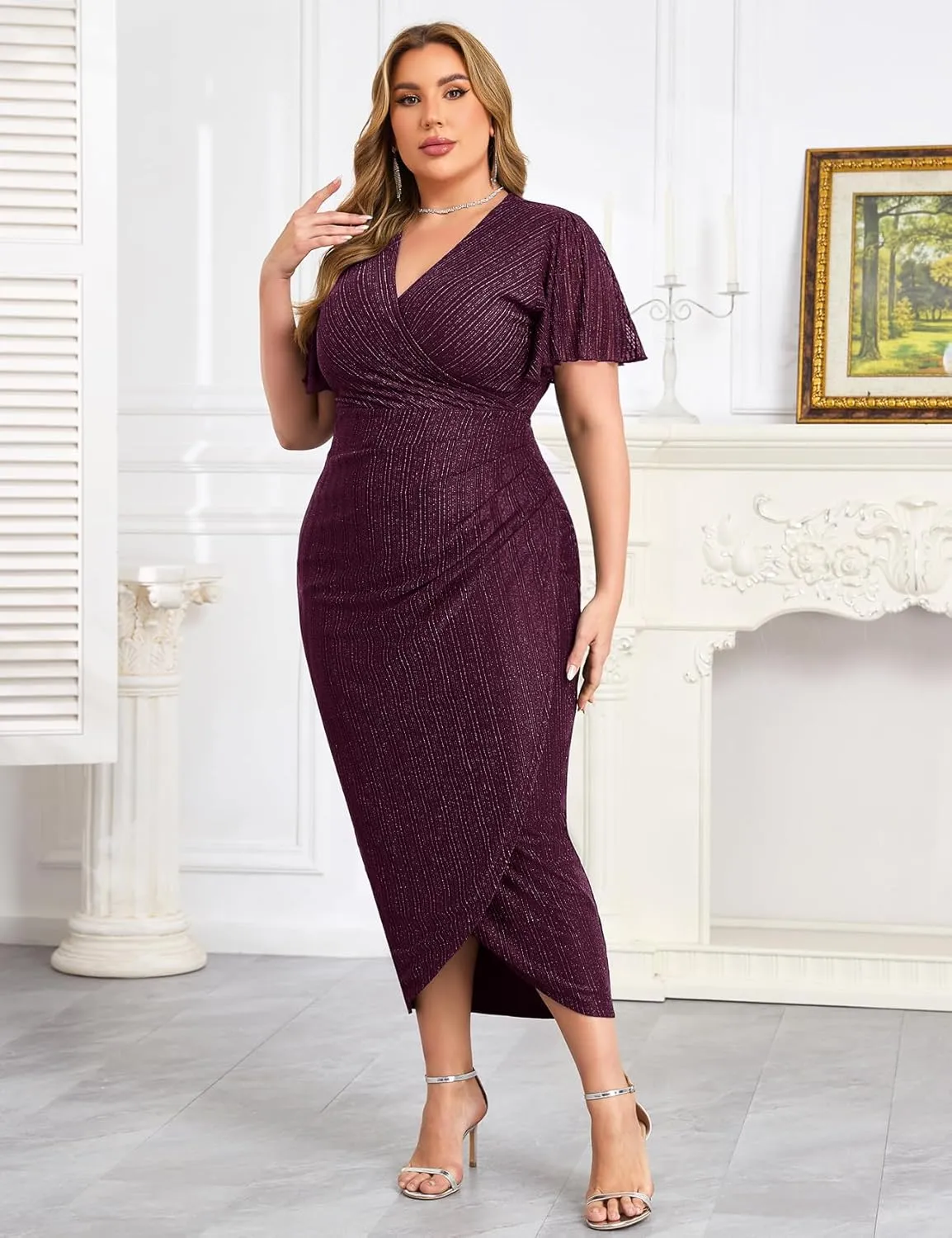 ZOMVA Plus Size Bodycon Formal Dress Sparkly V-Neck Wrap Midi Ruffle Sleeves Cocktail Prom Glitter Wedding Guest Dress