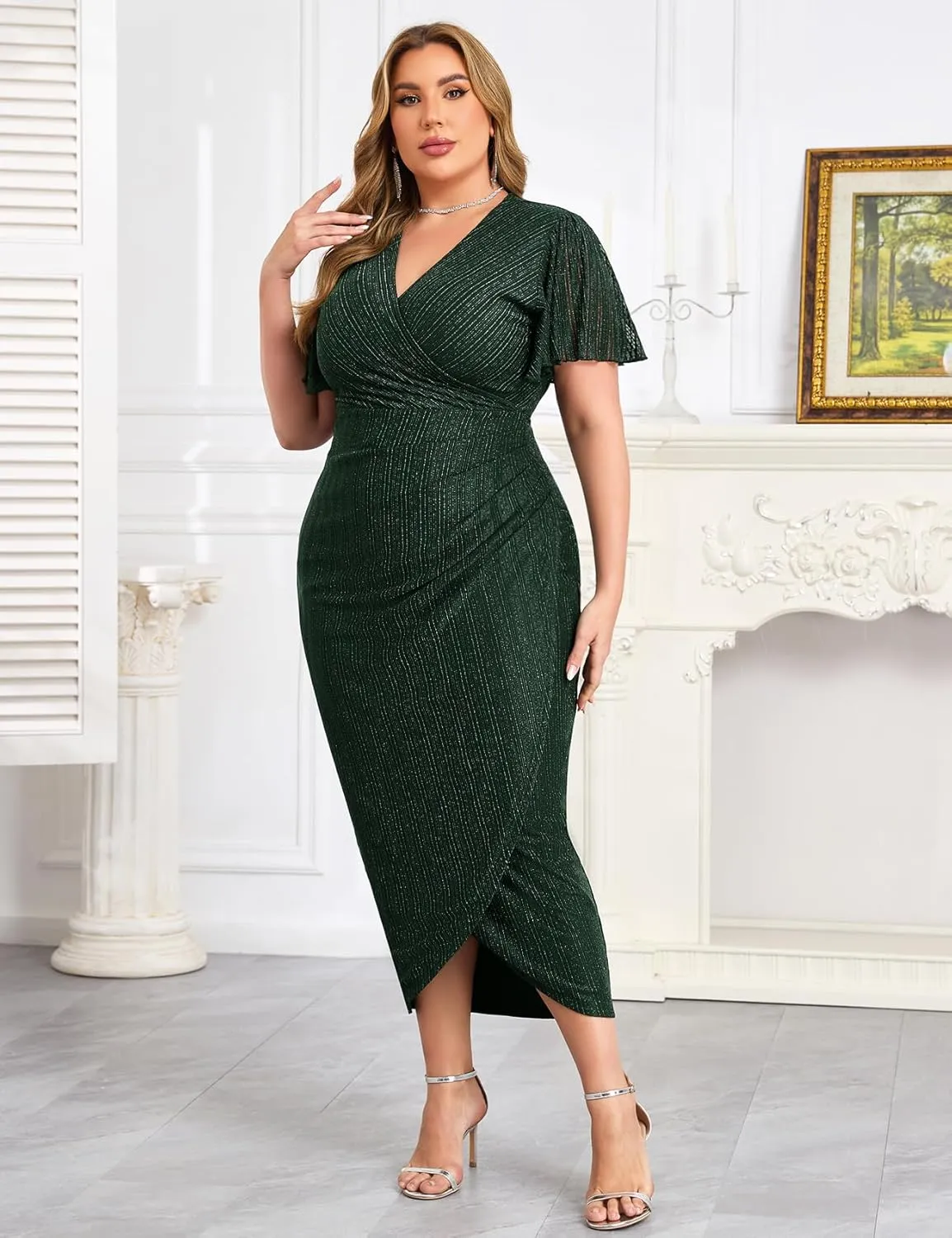 ZOMVA Plus Size Bodycon Formal Dress Sparkly V-Neck Wrap Midi Ruffle Sleeves Cocktail Prom Glitter Wedding Guest Dress