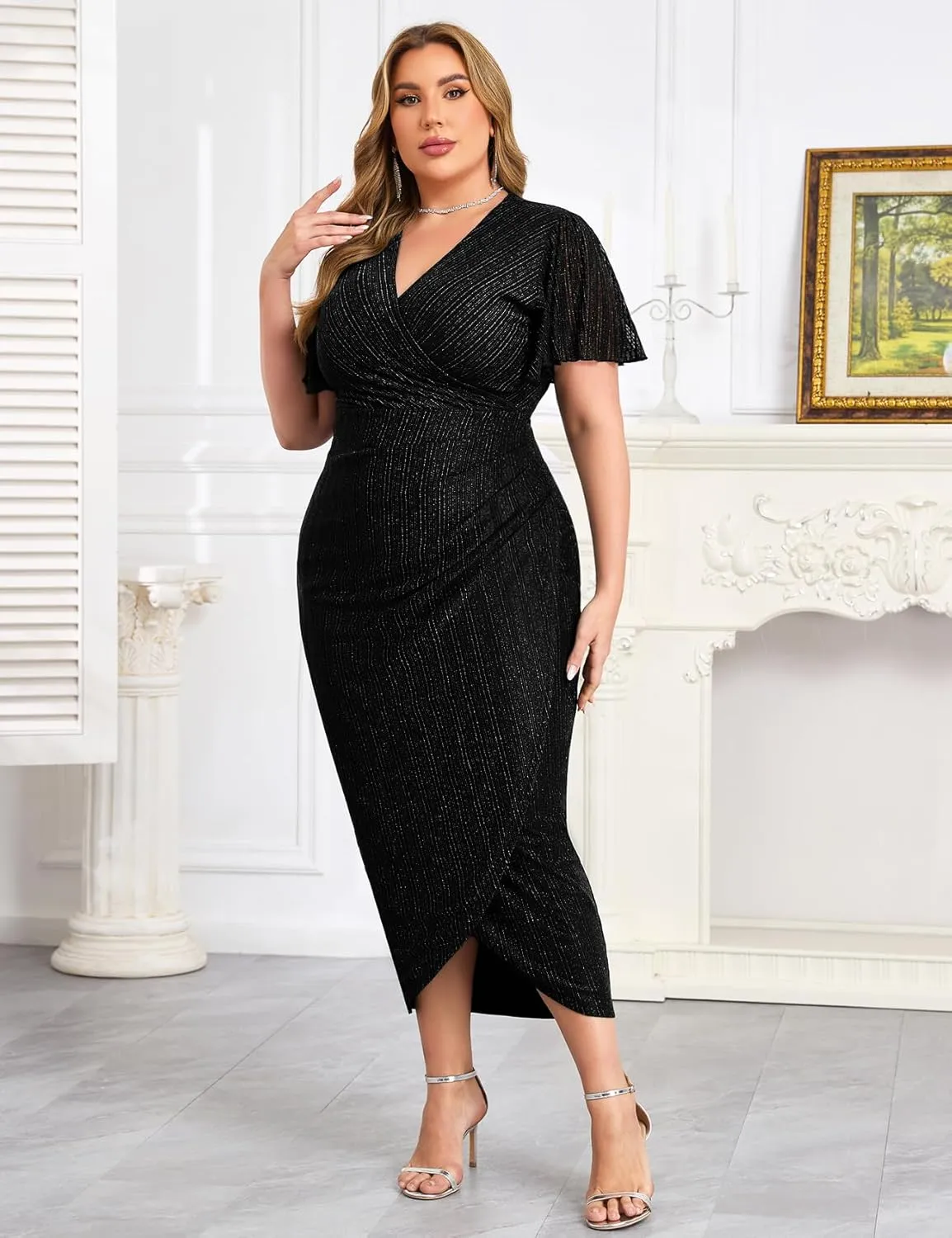 ZOMVA Plus Size Bodycon Formal Dress Sparkly V-Neck Wrap Midi Ruffle Sleeves Cocktail Prom Glitter Wedding Guest Dress