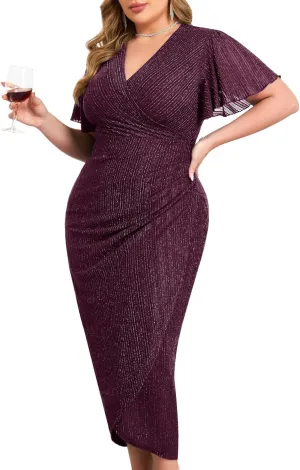 ZOMVA Plus Size Bodycon Formal Dress Sparkly V-Neck Wrap Midi Ruffle Sleeves Cocktail Prom Glitter Wedding Guest Dress