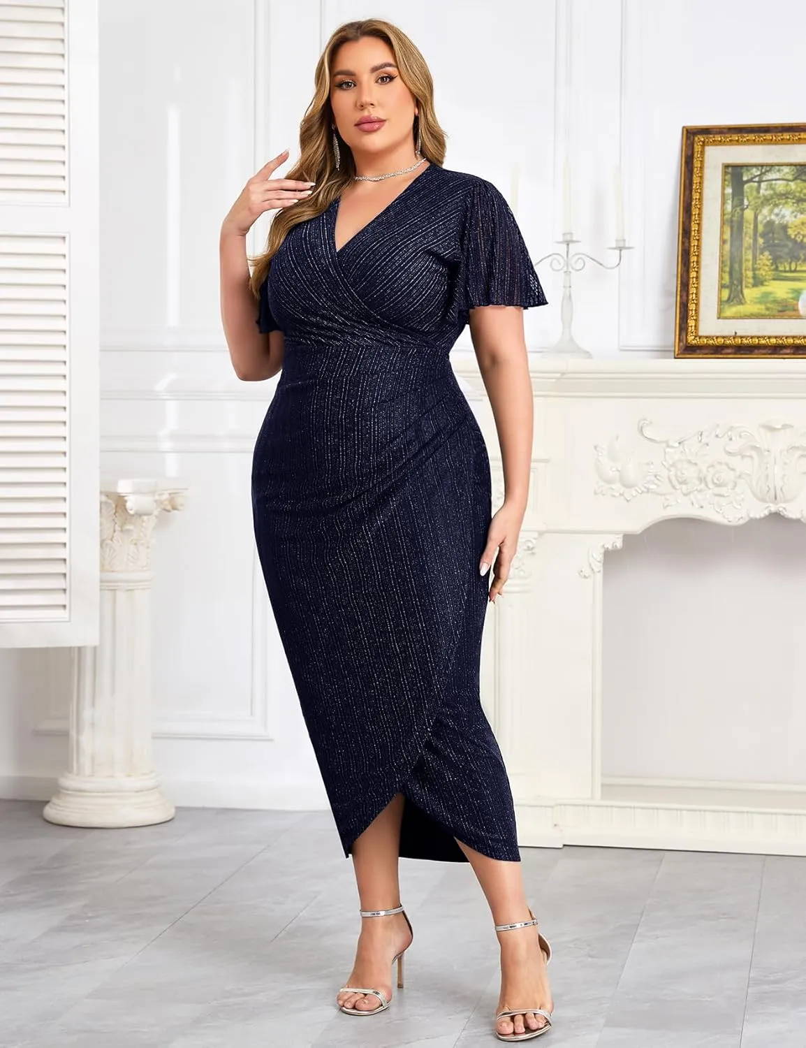 ZOMVA Plus Size Bodycon Formal Dress Sparkly V-Neck Wrap Midi Ruffle Sleeves Cocktail Prom Glitter Wedding Guest Dress