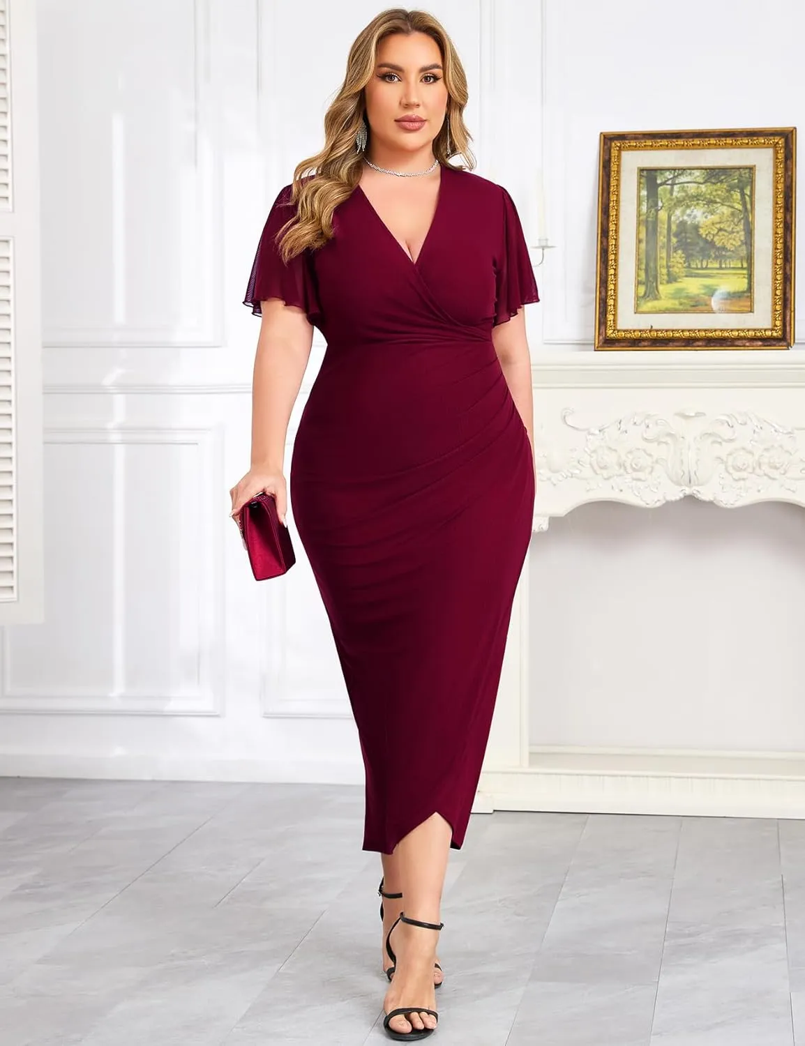 ZOMVA Plus Size Bodycon Formal Dress Sparkly V-Neck Wrap Midi Ruffle Sleeves Cocktail Prom Glitter Wedding Guest Dress