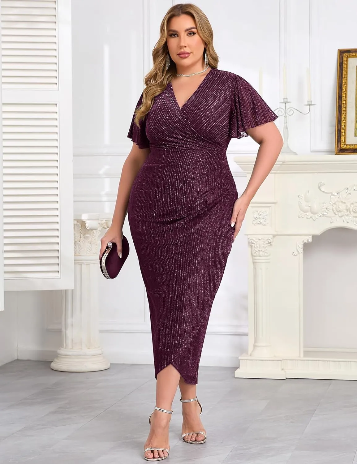 ZOMVA Plus Size Bodycon Formal Dress Sparkly V-Neck Wrap Midi Ruffle Sleeves Cocktail Prom Glitter Wedding Guest Dress