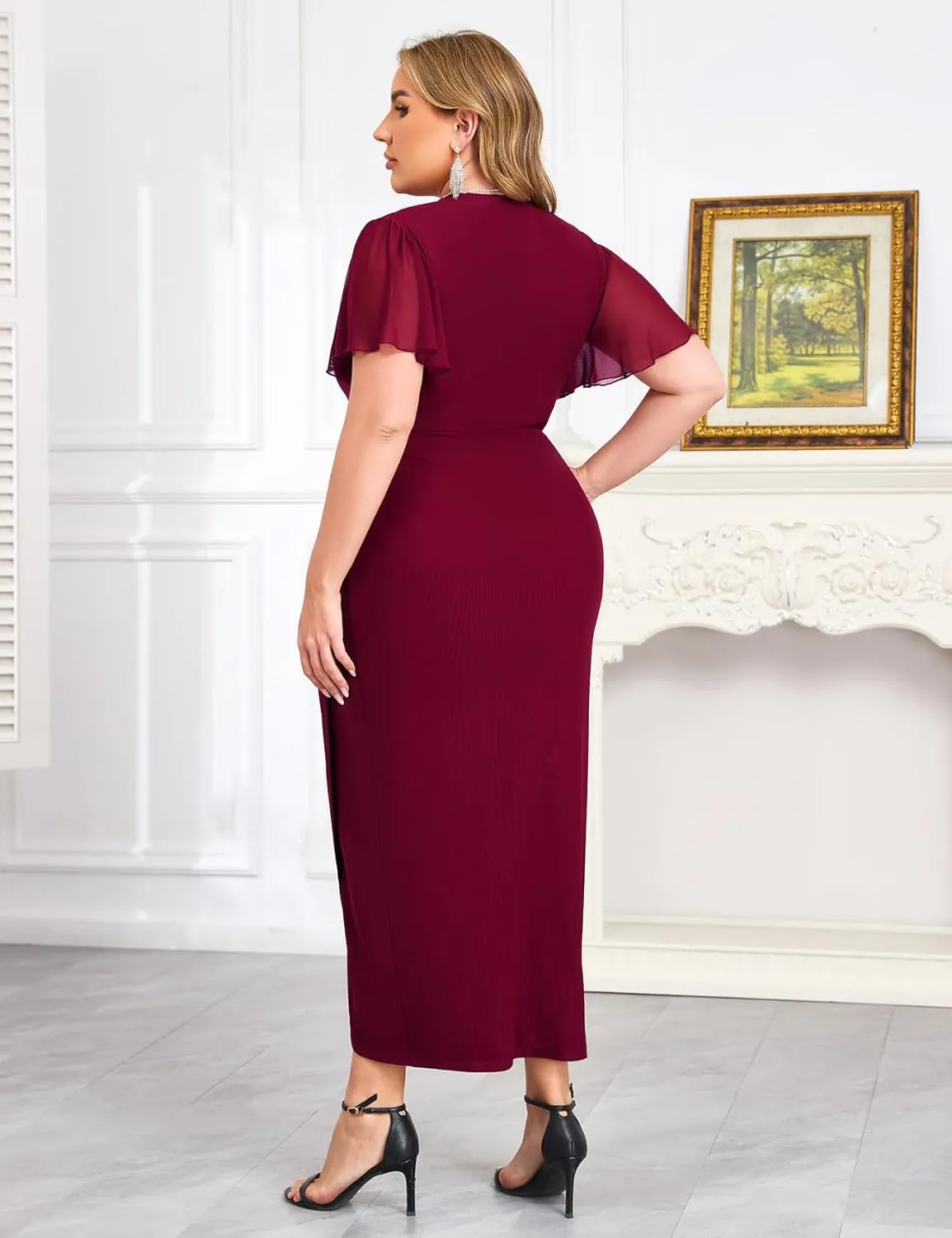 ZOMVA Plus Size Bodycon Formal Dress Sparkly V-Neck Wrap Midi Ruffle Sleeves Cocktail Prom Glitter Wedding Guest Dress