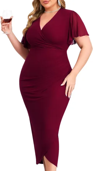 ZOMVA Plus Size Bodycon Formal Dress Sparkly V-Neck Wrap Midi Ruffle Sleeves Cocktail Prom Glitter Wedding Guest Dress