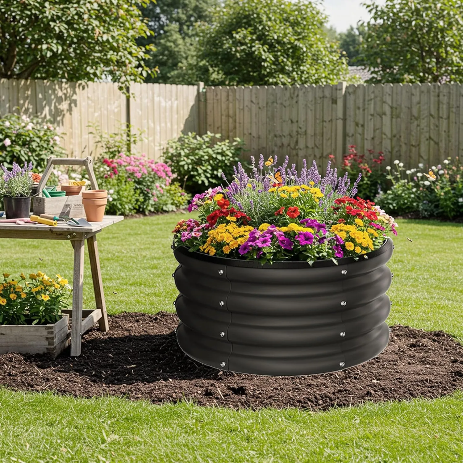 ZXZYHFTY Round Galvanized Raised Garden Bed kit,Black Outdoor Garden Raised Planter Box, Round Large Metal Raised Garden Beds for Vegetable 2 * 2 * 1ft 1 Pack