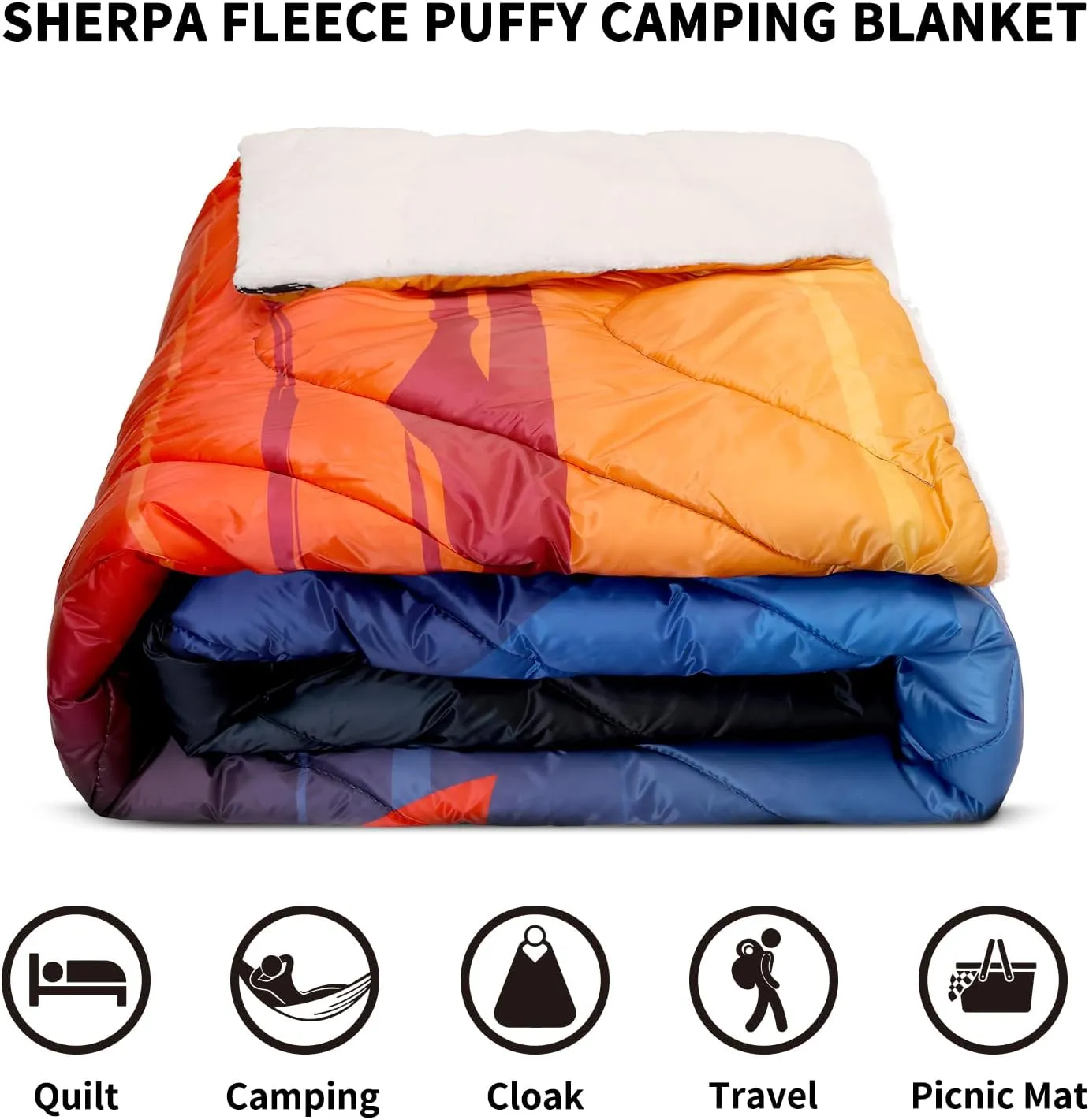 zzlamb Sherpa Puffy Camping Blanket,Packable Outdoor Warm Wearable Fleece Blankets for Cold Weather,Thick Camp Quilt with Sherpa Lining for Sleeping,Traveling,Backpacking,Picnics,Beach,Stadium 52x75in
